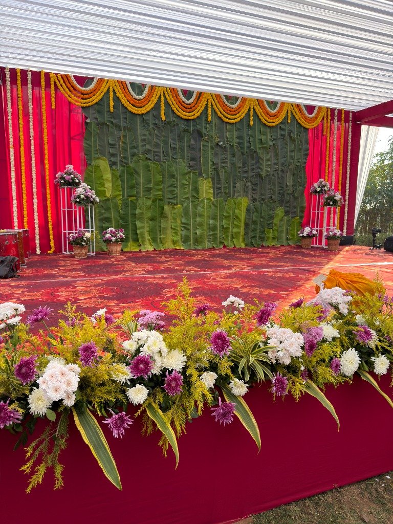 Traditional Haldi & Sangeet Stage Setup with Banana Leaf Backdrop
